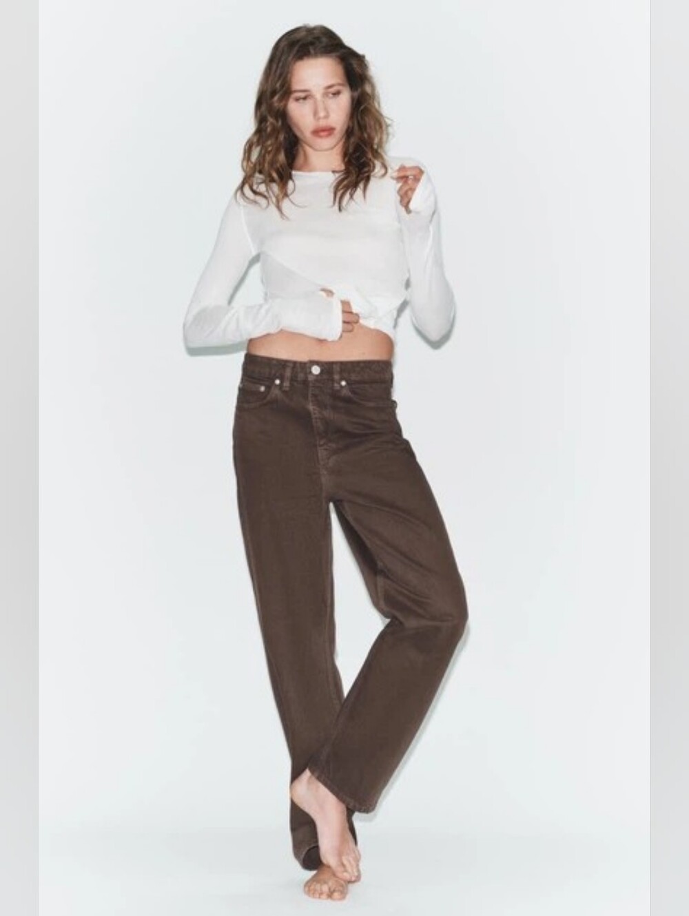 Zara TRF Mom Fit High-Waist Jeans In Brown